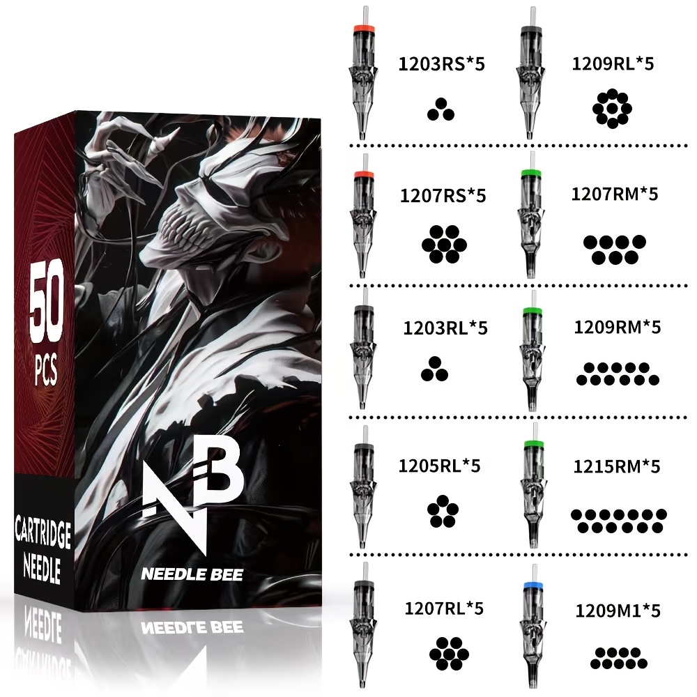 Image of 50 Tattoo Needles Set, Multiple Sizes , Professional Steel Needles, Rl, Rs, Rm, M1, 5 Combinations , Disposable Tattoo Cartridge Needles, Essential Tattoo Supplies For Professional .