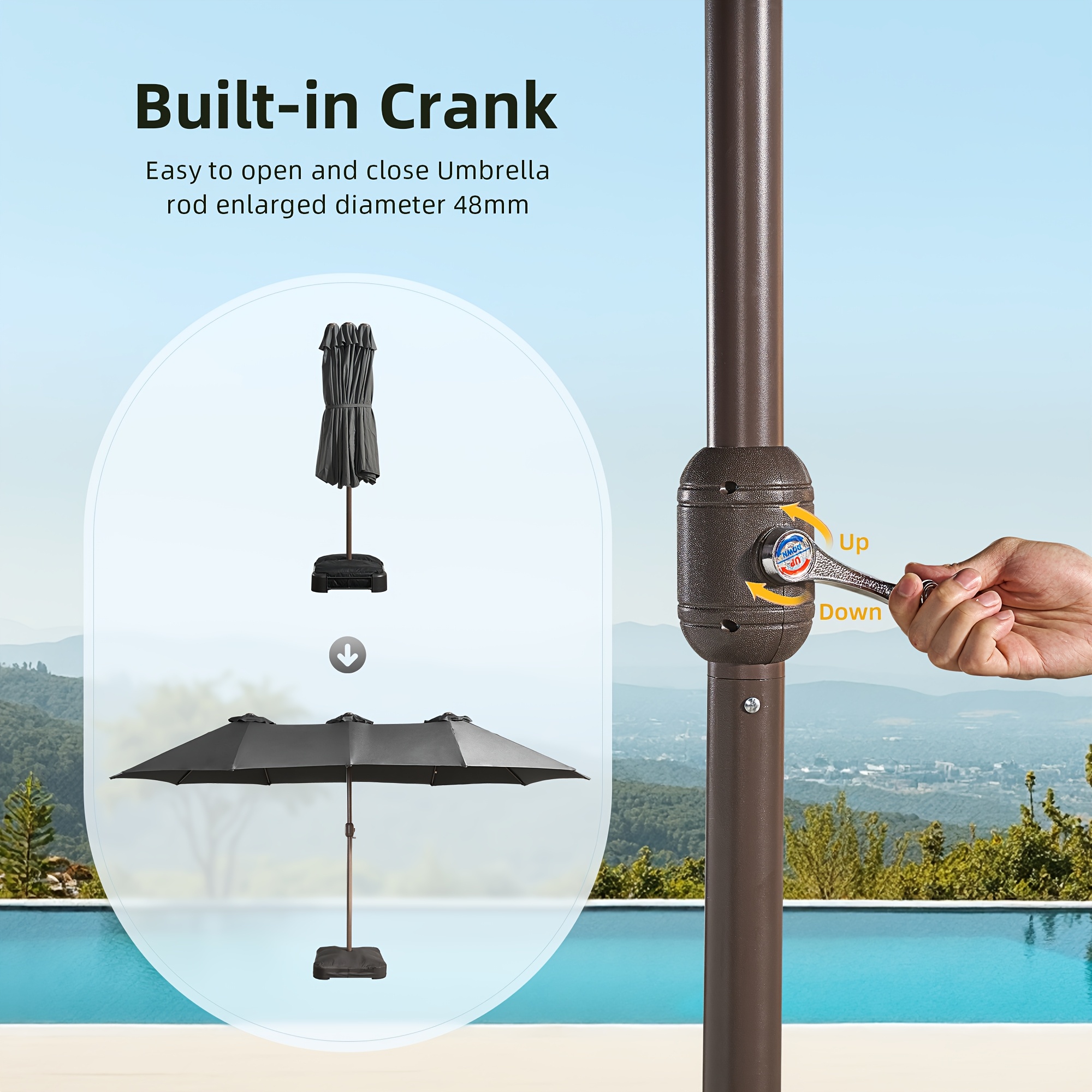 15ft Double Sided Patio Umbrella With 36 Solar LED Lights, 8Hr Auto-Illumination, Commercial-Grade Wind-Resistant Steel Frame & Premium Polyester Fabric, Outdoor Oversized Market Table Umbrella - 12 Heavy Duty Ribs (Base Included)