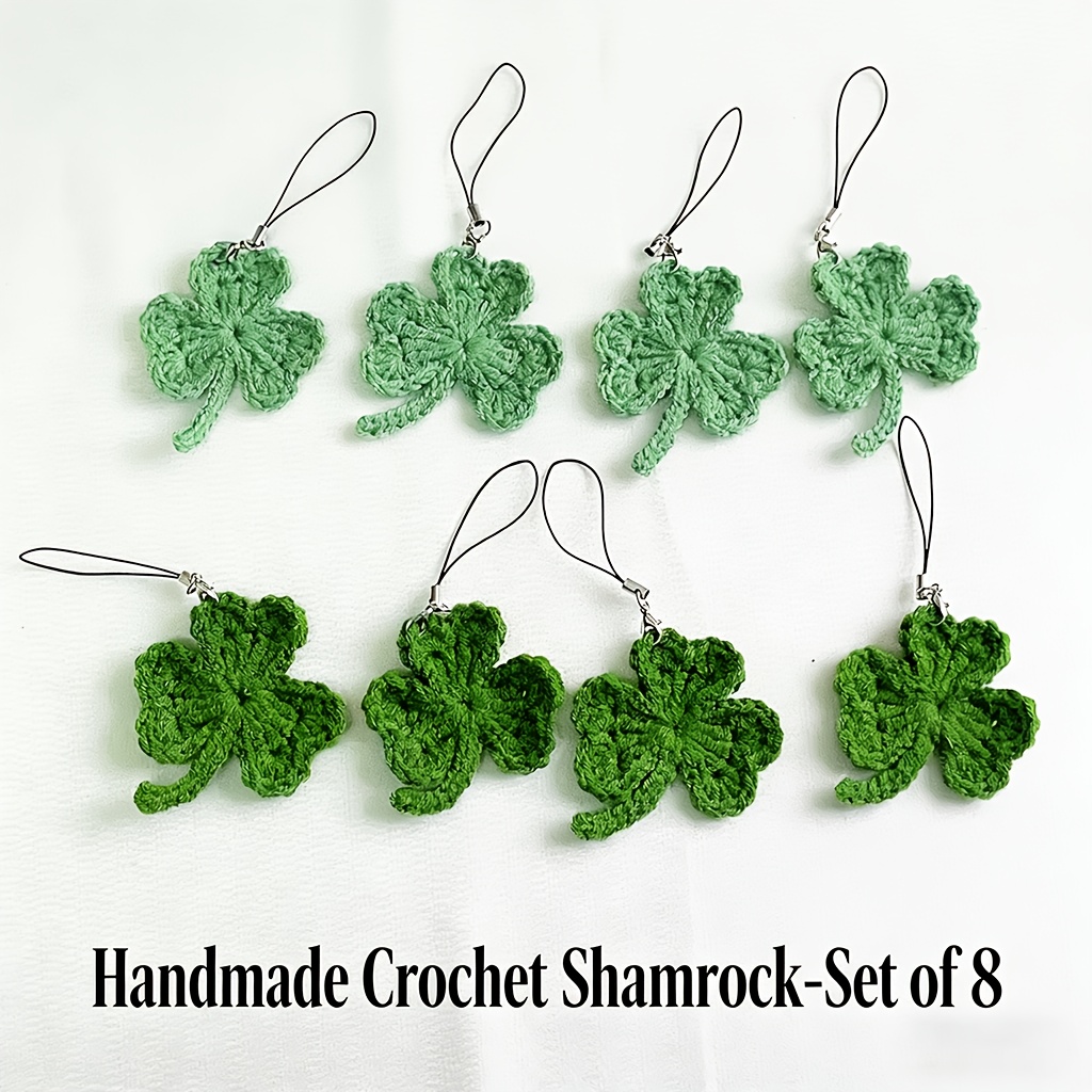 Image of 8pcs Green Shamrock Pendants, Handmade Crochet For 's Day, Fabric Hanging Drops, Universal Decor, Party Additions, Gift For Bags Or Phones, Non-electric, Ideal For Festive Occasions