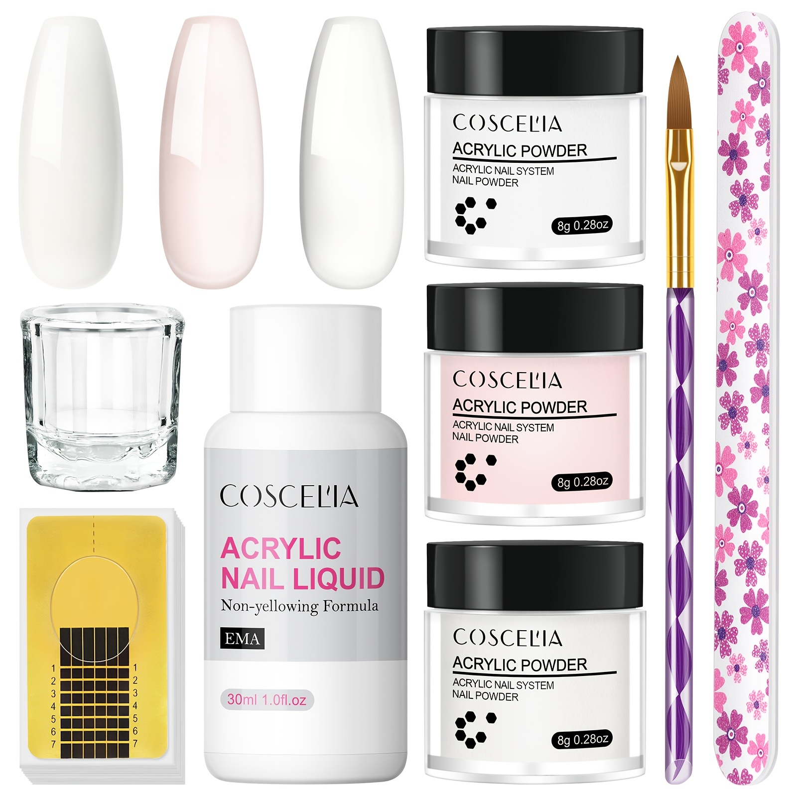 Image of Coscelia 3 Colors Acrylic Powder Extension Kit Complete Acrylic Nail Kit Clear Pink White Powder Nail Liquid Manicure Tools Nail Art Gift For Beginners Nail
