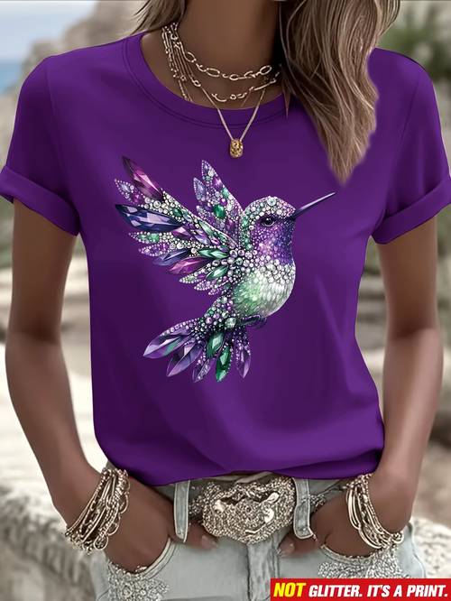 light luxury diamond hummingbird flat print short sleeve t shirt regular fit round neck spring summer womens wear casual lightweight breathable fabric suitable as a gift for daughters sisters birthdays
