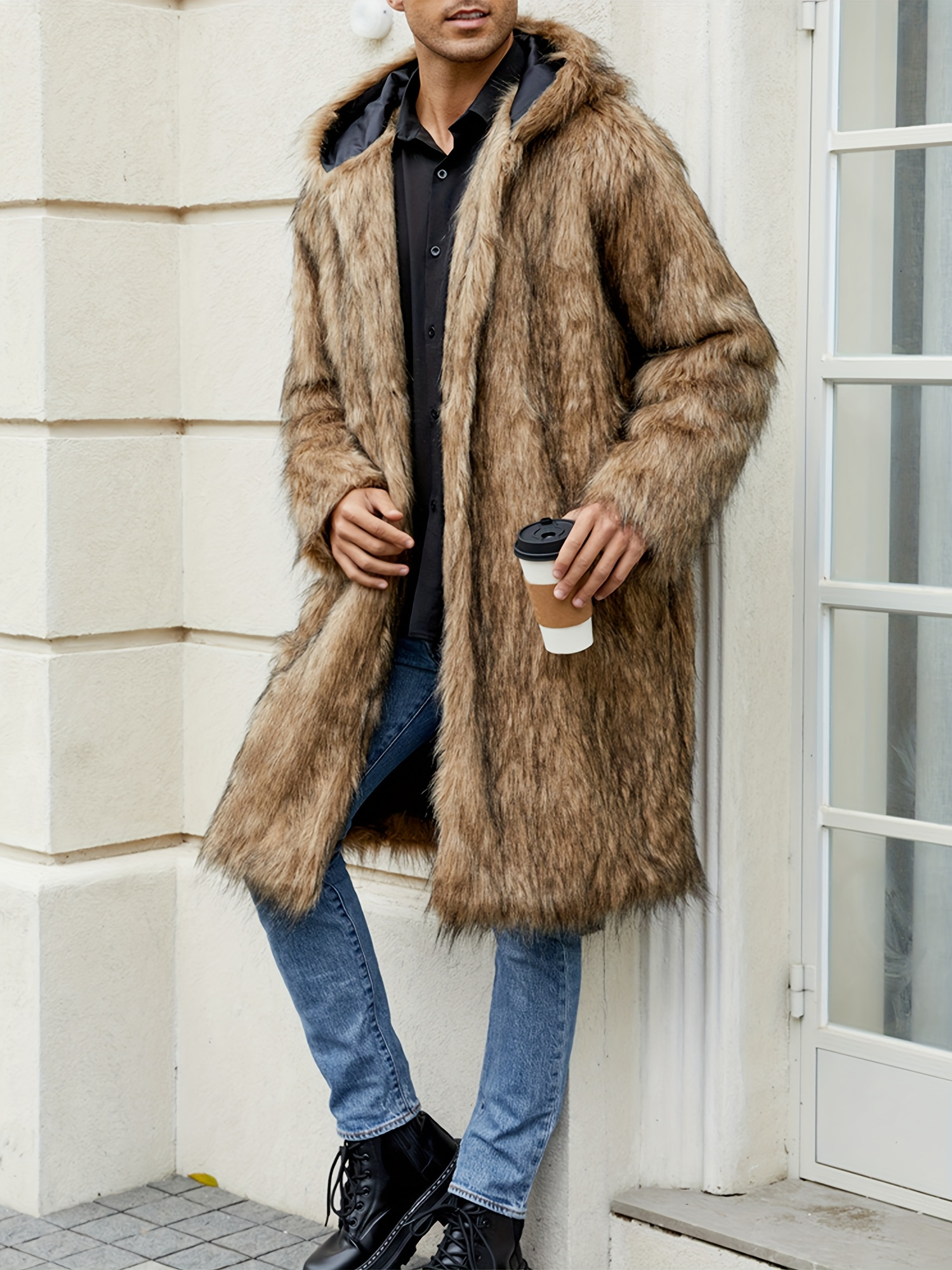 mens fur coat jacket winter warm long sleeve fuzzy hood Temu