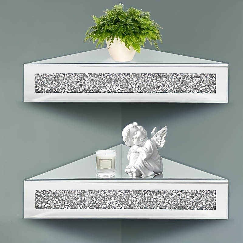 Set Of 2 Corner Shelves With Mirrored Glass And Diamond Design, Suitable For Bathrooms And Bedrooms, Wall-mounted Racks Are Ideal For Displaying Trophies And Picture Frames.
