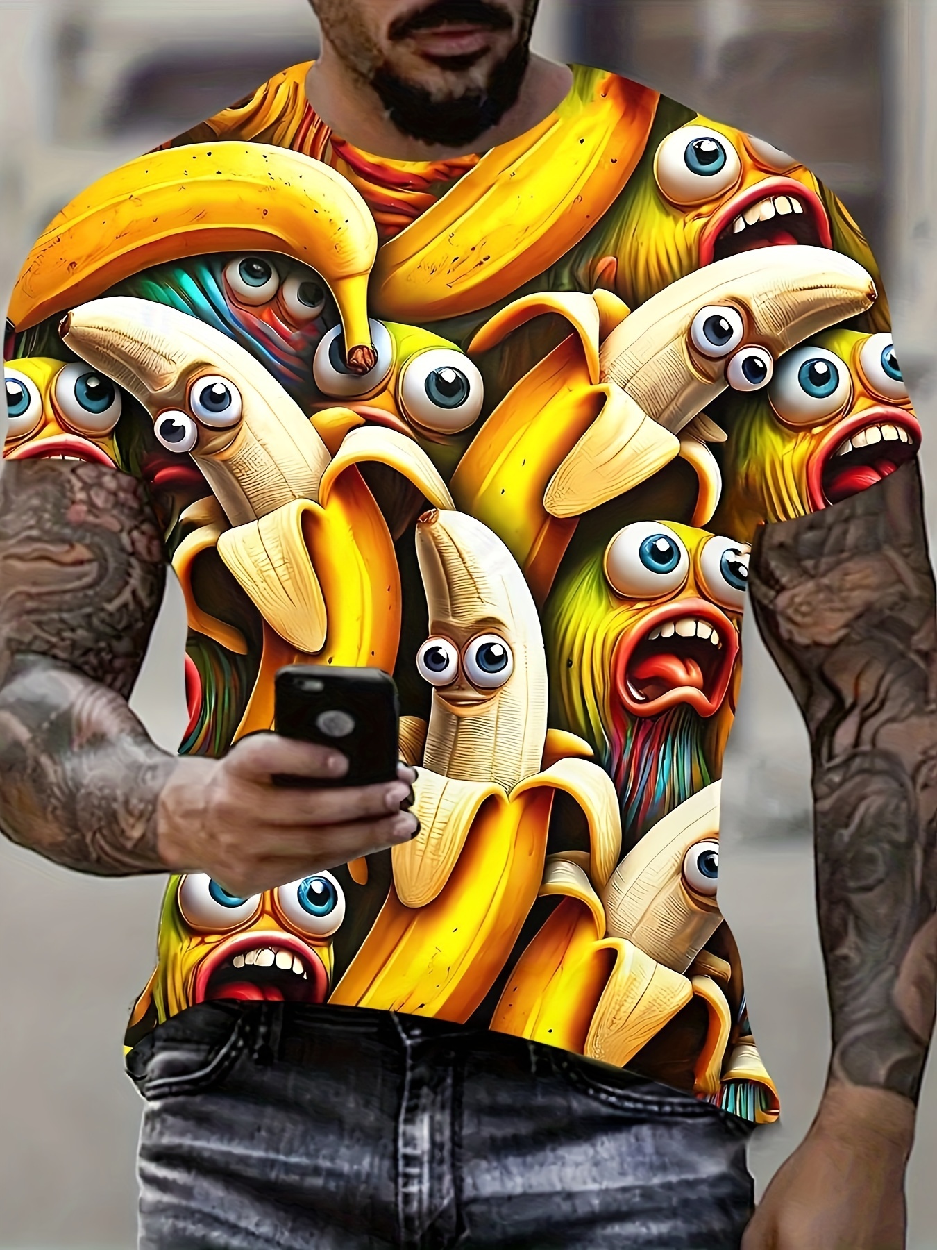 Men's 3D Cartoon Eyes Banana Print T-Shirt - Polyester Crew Neck Short Sleeve Casual Top with Slight Stretch for Summer - Regular Fit Knit Fabric Adult Tee