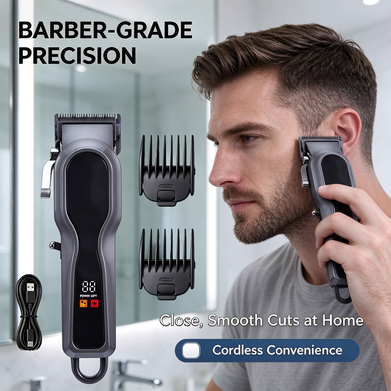Image of [hjhhhqhy]professional Men's Wireless Hair Clipper Rechargeable Hair Trimmer With Led Display, Usb Fast Charging, And Low-noise Motor, Haircut Set For Home And Salon, Birthday/holiday Gift For Men