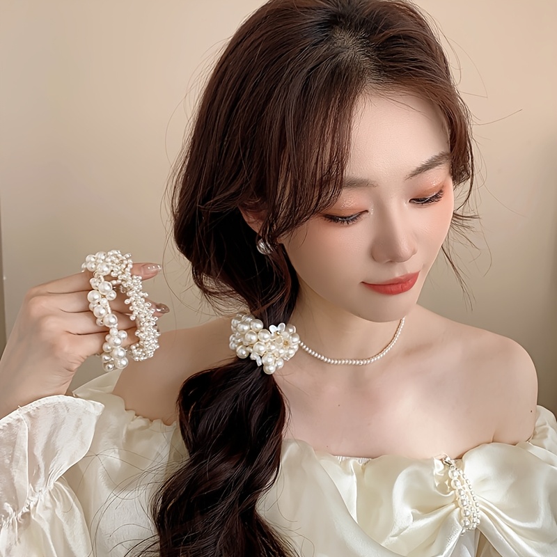 

4pcs Elegant Pearl Hair Ties - Sophisticated Resin Hair Bands With , Autumn & Winter Ponytails And Hairstyles