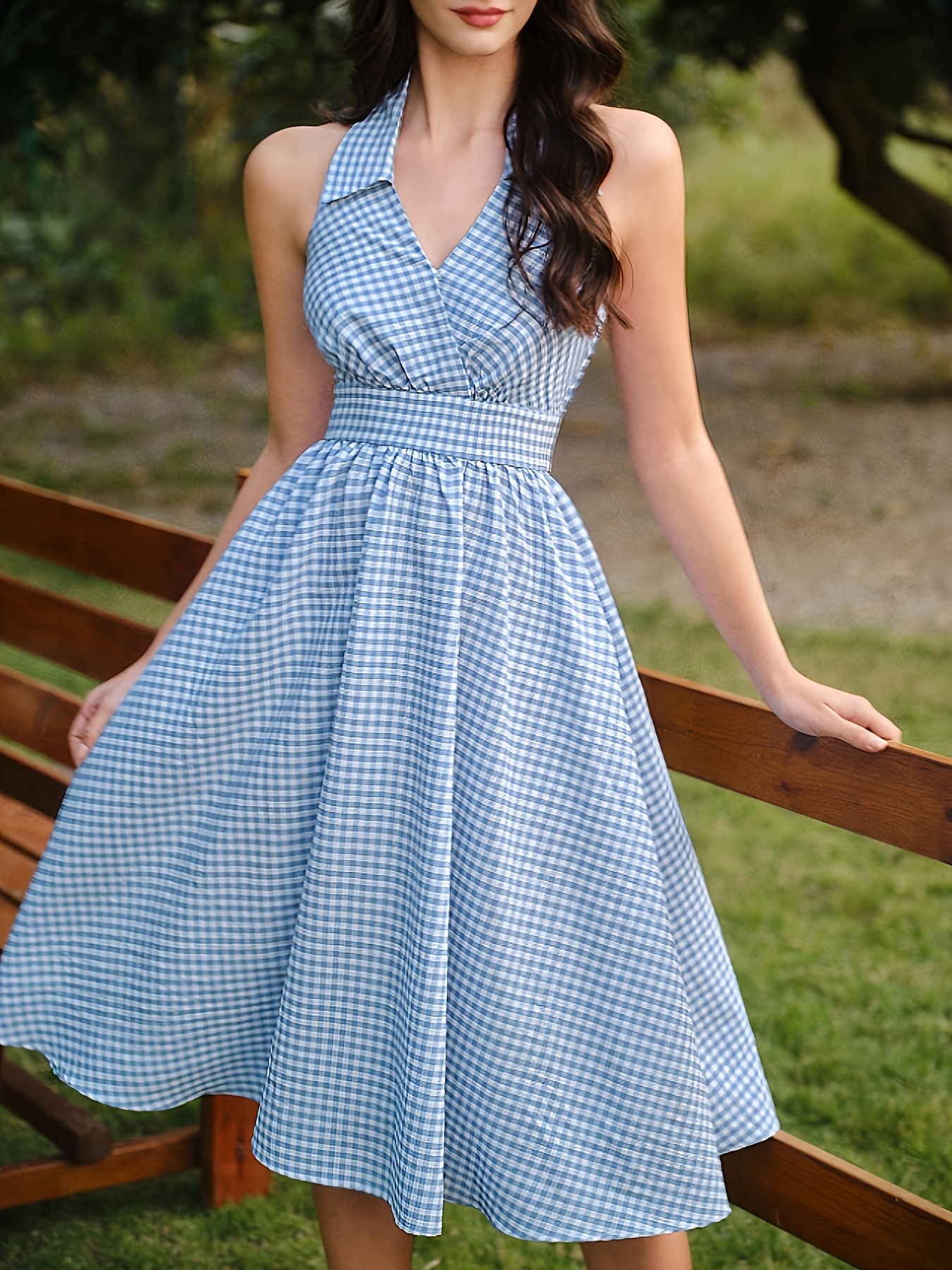 blue plaid spaghetti strap dress PRETTYGARDEN Women's Summer Spaghetti Strap Maxi Dresses Plaid Square main image 0