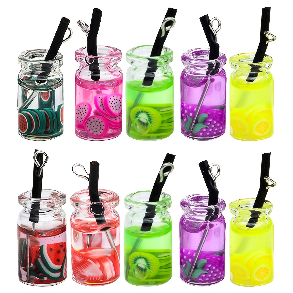 

20pcs Mini Glass Bottle Pendants With Fruit , Resin Beverage Cup Charms For , Earrings, Keychains Crafting