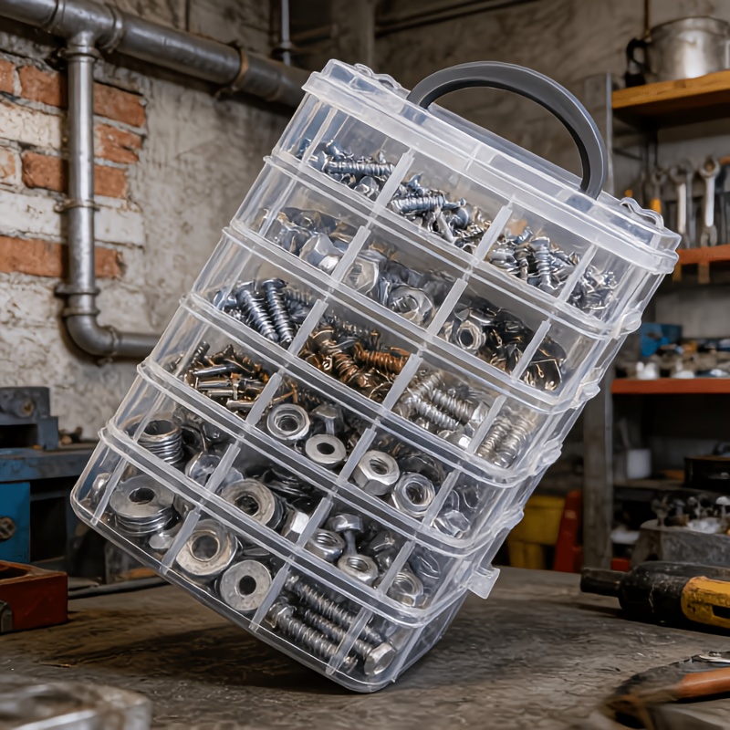 7pcs Set: 6 Containers with 1 Lid, Transparent Storage Box with Lid and Handle, Snap Closure Design, Clear Tool Organizer, Household Screw, Wrench, and Hardware Accessories Sorting Box, Storage Container, Portable Divided Organizer Tray