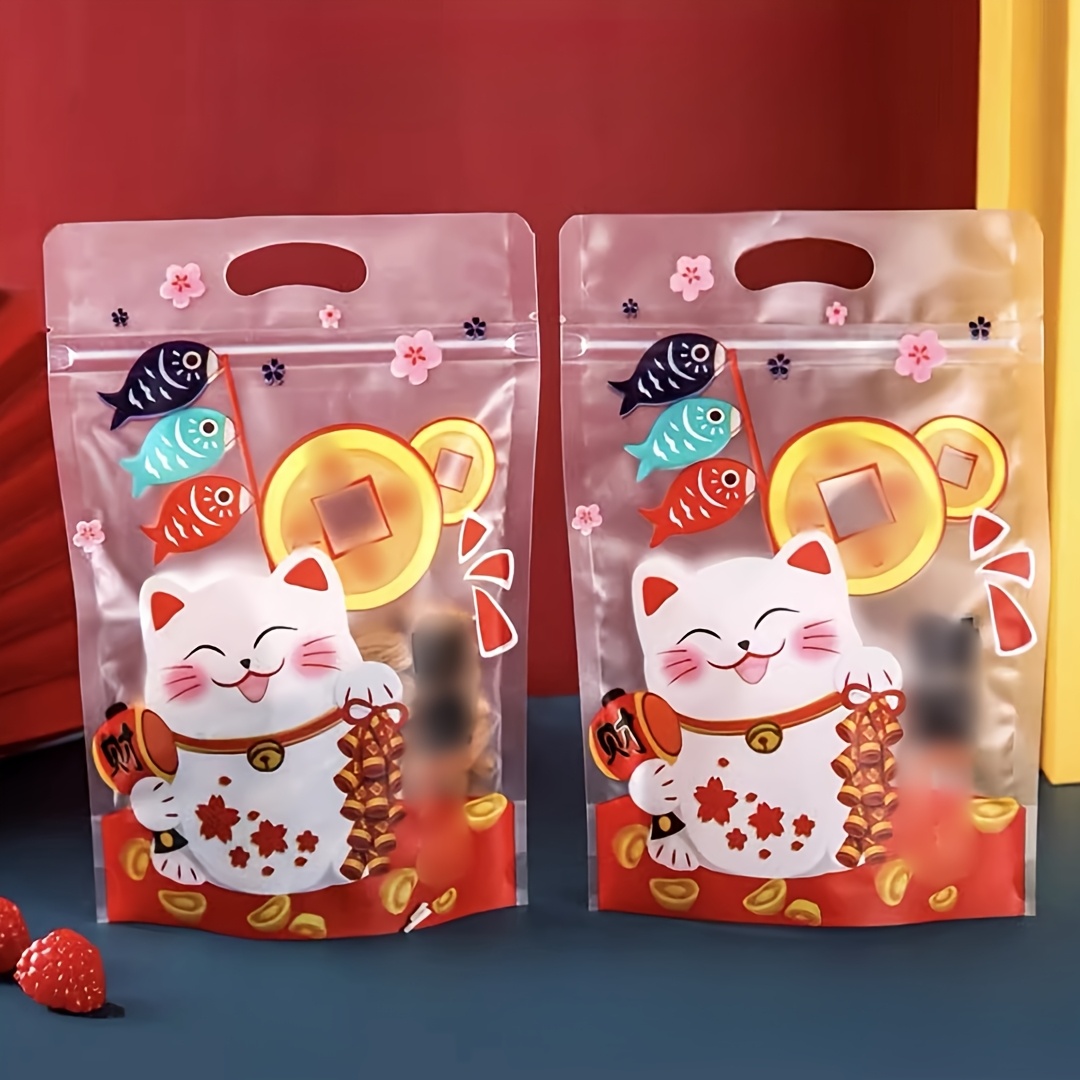 

50pcs Cat Zipper Bags - Cartoon Design With Golden & Fish, Plastic Gift & Candy Pouches For New Year's, , Birthdays & Eid Al-fitr Celebrations