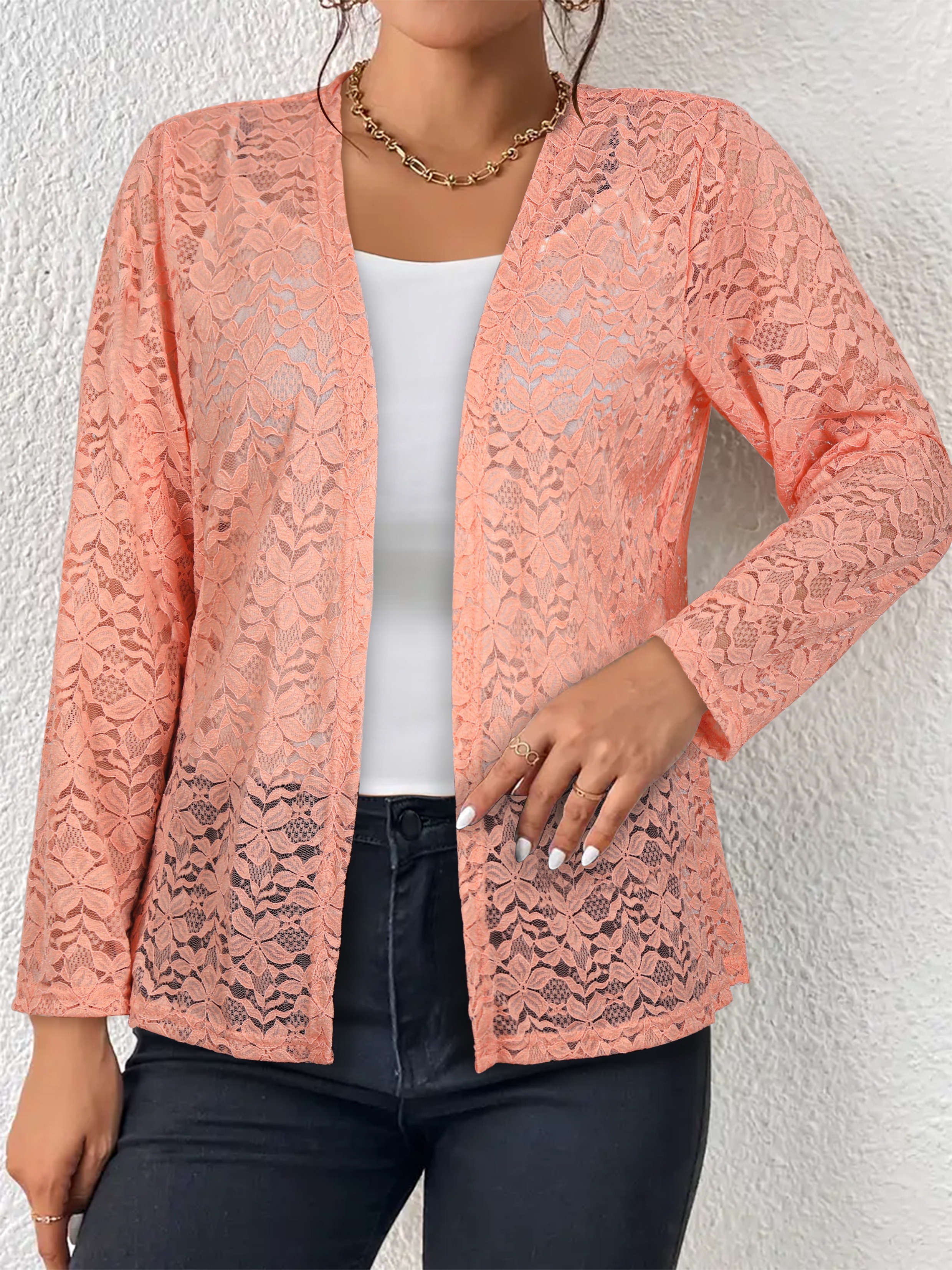 Plus Size Casual Cardigan Women s Plus Solid Lace Long Sleeve Open Front Cardigan