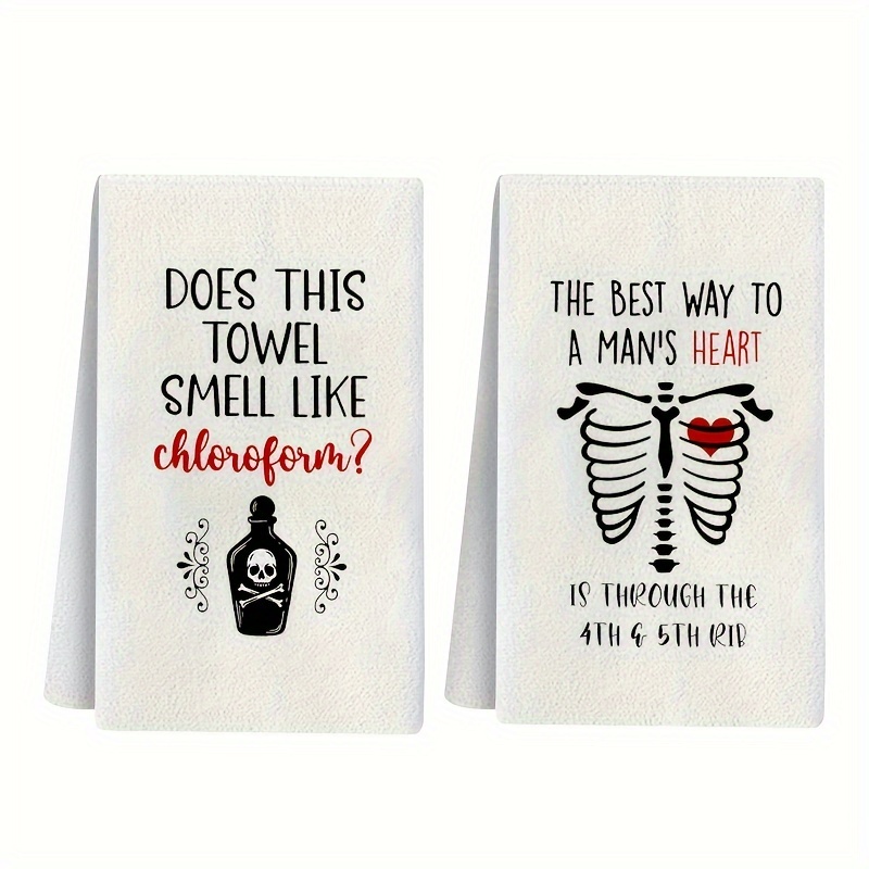 

Vintage Gothic Microfiber Kitchen Towels, Set Of 2 - Fun Dish Cloths With "does This Towel Smell Like Chloroform" & "best Way To A Heart" , Hand Washable, High Absorbency, Character Themed Weave