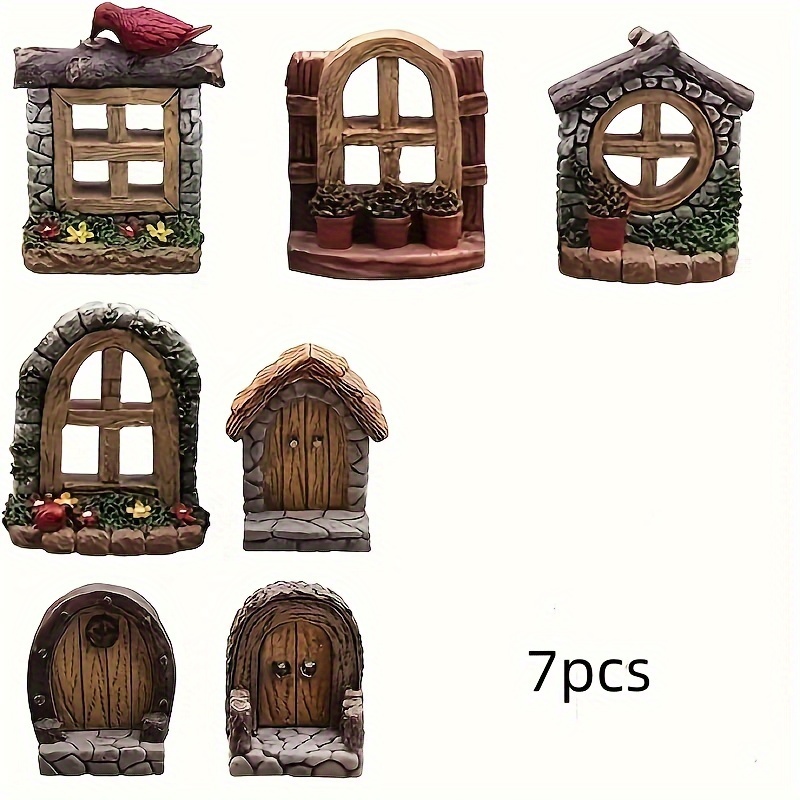 Image of 7pcs Art Deco Resin Fairy Garden Accessories, Miniature Window Frame & Door Decorations, Landscape Theme, No Electricity Or Battery Needed, Ideal For New Year's Day, Fairy Garden Miniatures