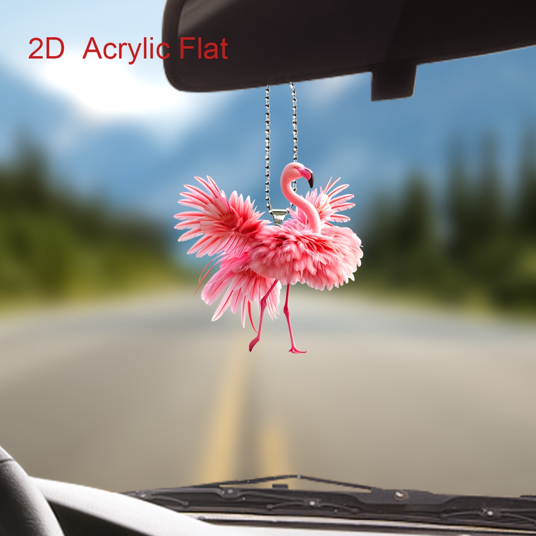 

Flamingo Car Hanging Ornament - Acrylic 2d Feathered Design Keychain Decoration For Vehicle Interior