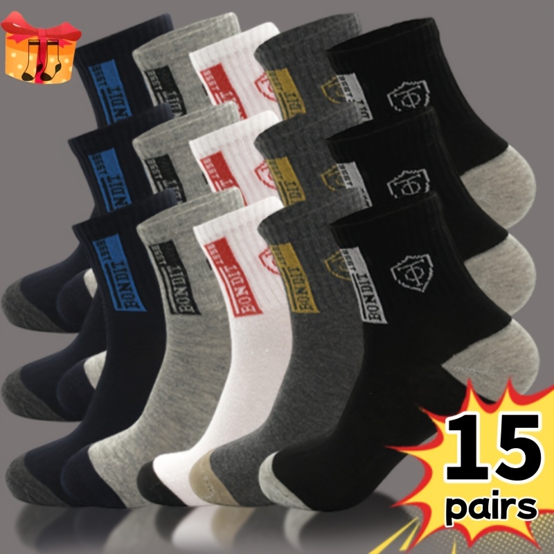 15 Pairs Men's Sports Socks - Breathable Thick Warm All-Season Athletic Socks with Colorful Letter Design, Comfortable for Running, Gym, Casual Wear
