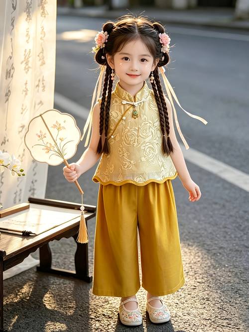 girls floral embroidery new chinese style set summer comfortable casual daily outing hanfu baby new chinese sleeveless top wide leg pants summer tang suit for outdoor