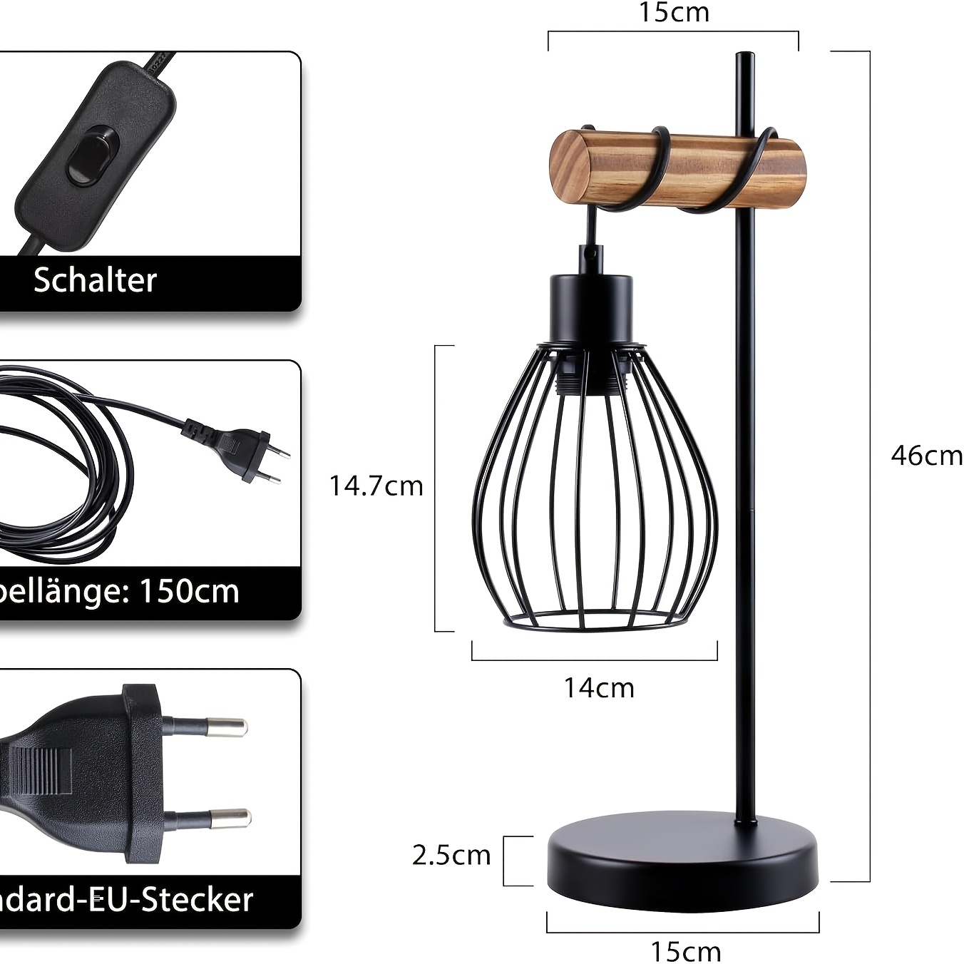 TEMU Lampe de table rétro en bois pour salon : Lampe de chevet noire, Lampe à pince industrielle en métal doré E27, Ampoule unique, Convient pour