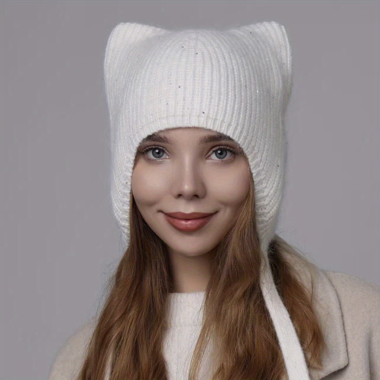 TEMU 1pc, 3d Cat Ear Shaped Ear Women's Pullover Hat, Sequined Decoration, Wool Content Winter Warm Cute Hat, Suitable For Christmas, New Year Party