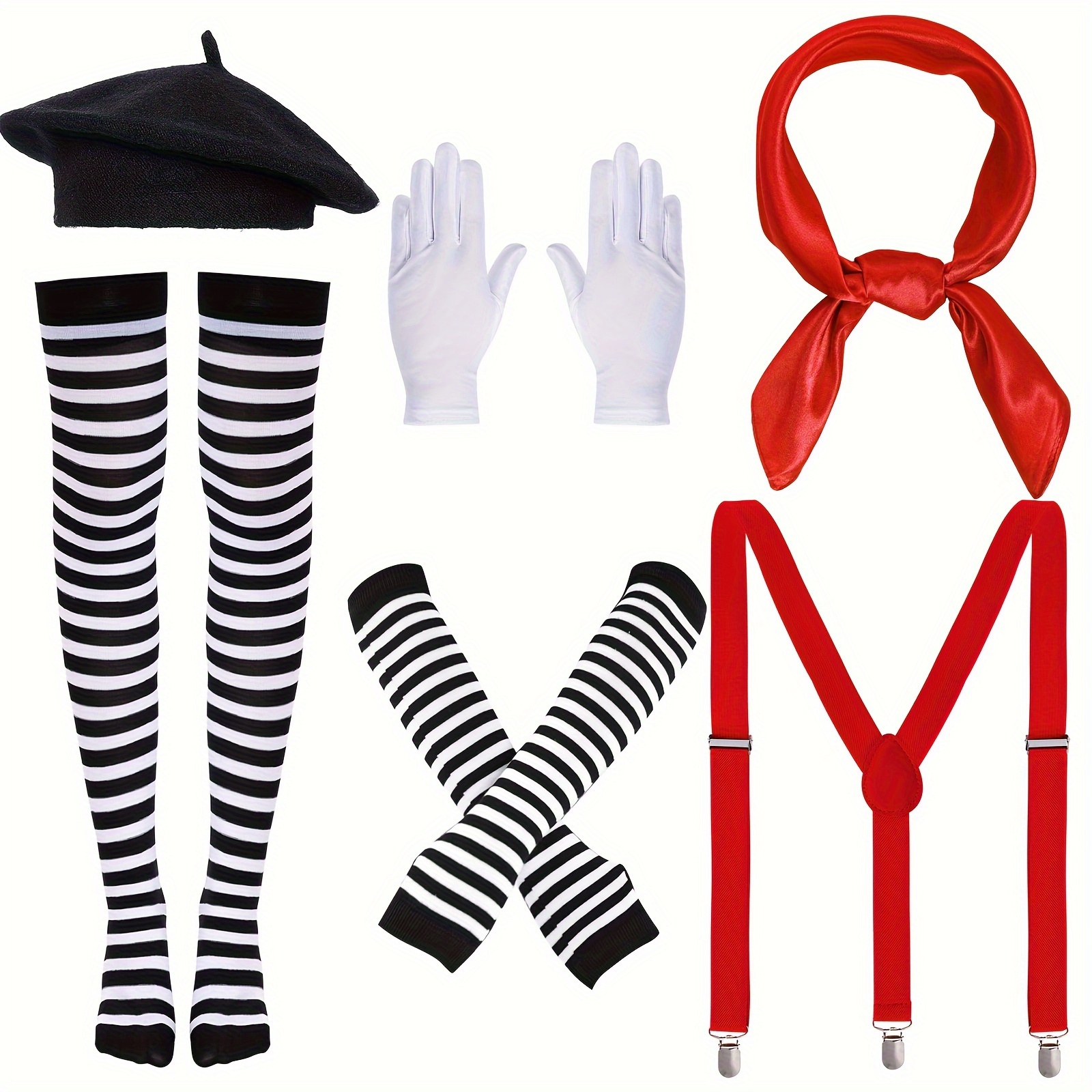 

6pcs Women Artist Costume Accessories French Costume Halloween Outfit With Beret Gloves Suspender Scarf Socks For Halloween Dress Up Costume