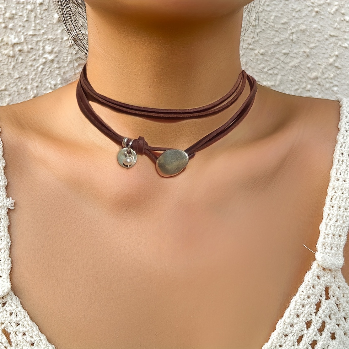 

Silvery Bohemian Simple Pendant Leather Cord Necklace Retro Jewelry Party Gift