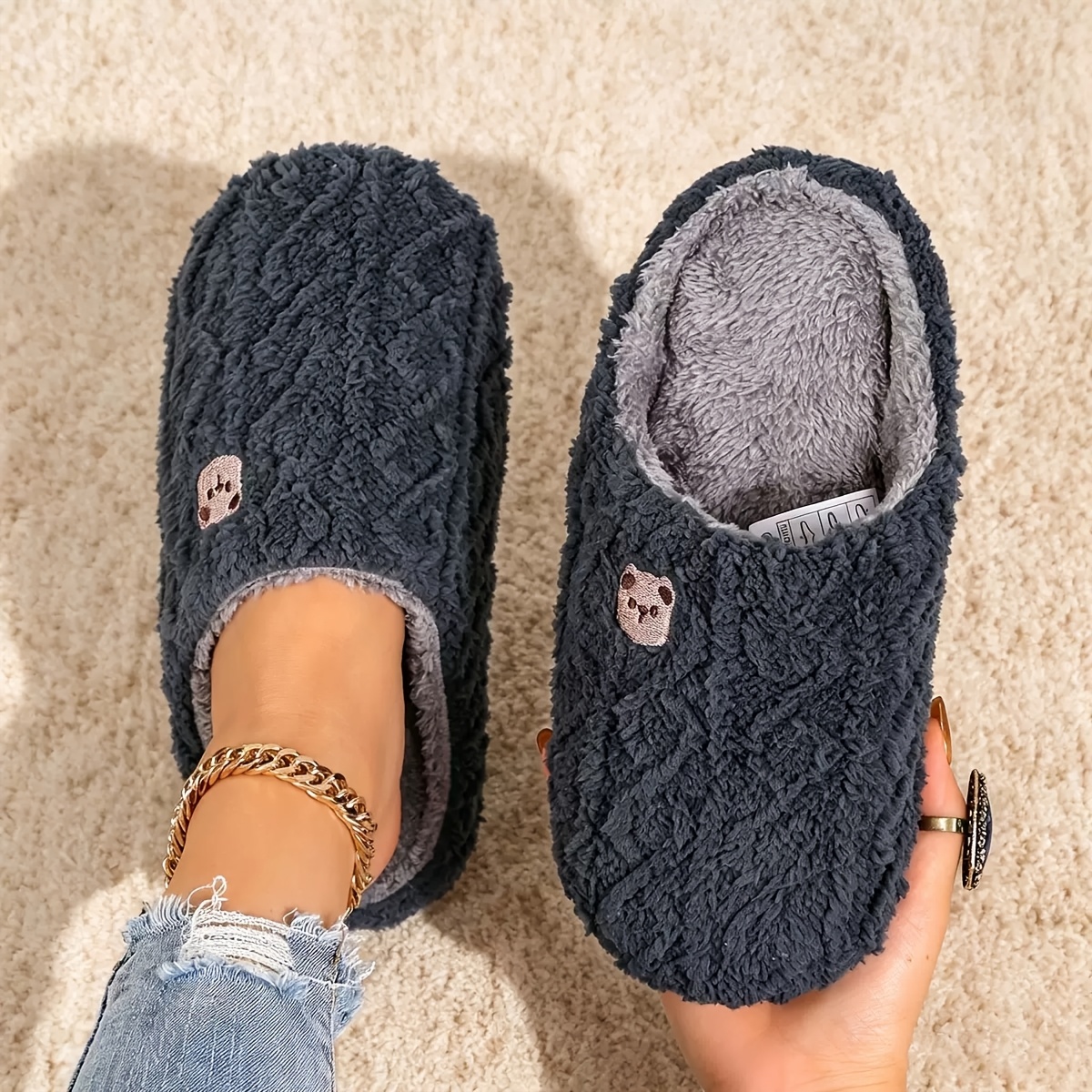 TEMU Slippers For Winter Indoor Home Use, And Warm For Couples, Bags And Soft-soled Winter Woolen Slippers, Women Shoes