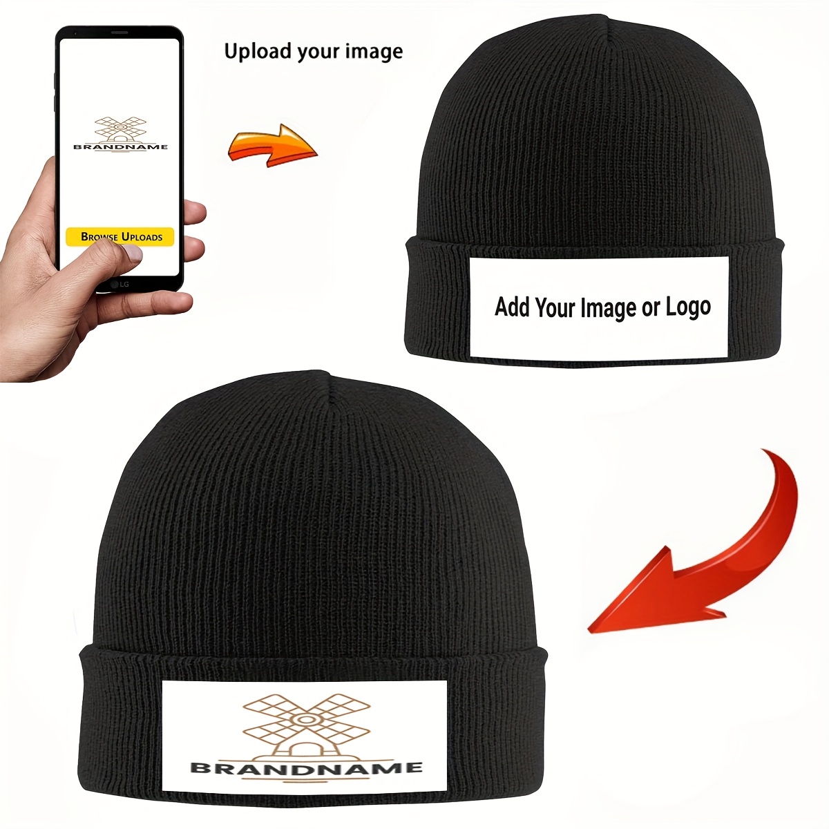 

1pc Customizable Black Beanie With Your - Cozy & Warm Polyester, Stretchable Fit For Winter Sports & Events, Personalized Text/image/ Display On Knitted Hat