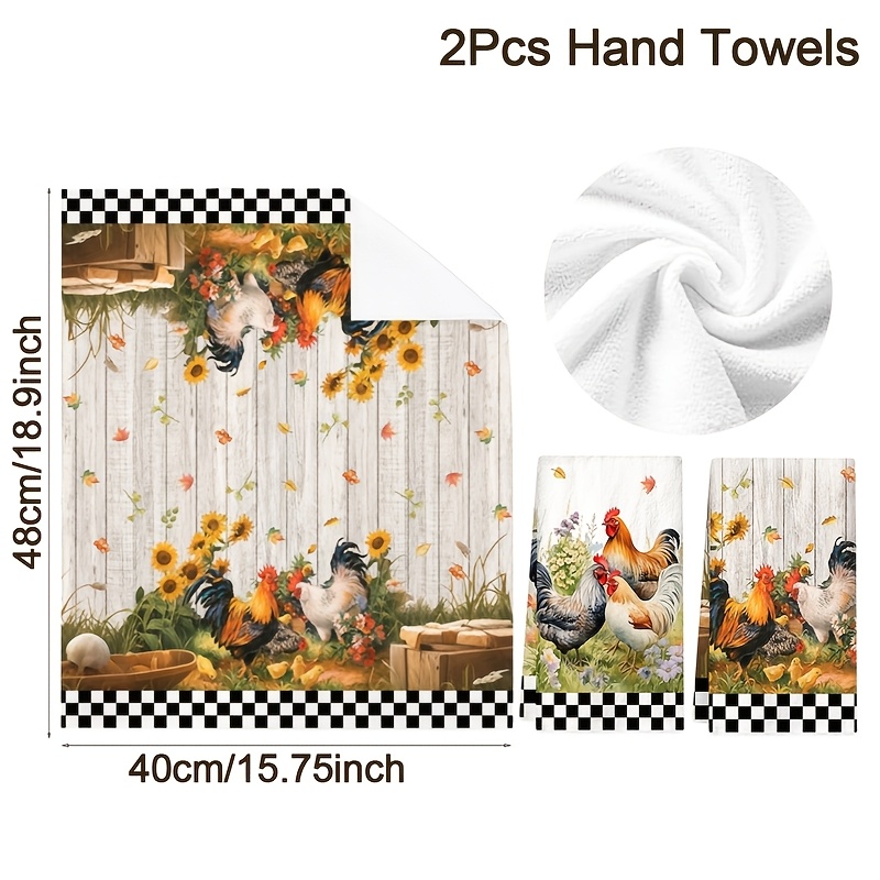 TEMU 2pcs Rooster Kitchen Towels, 40*48cm Farmhouse Chicken Dish Towels, Soft Absorbent Cleaning Cloth, Vintage Farm Animal Dishcloth For Kitchen