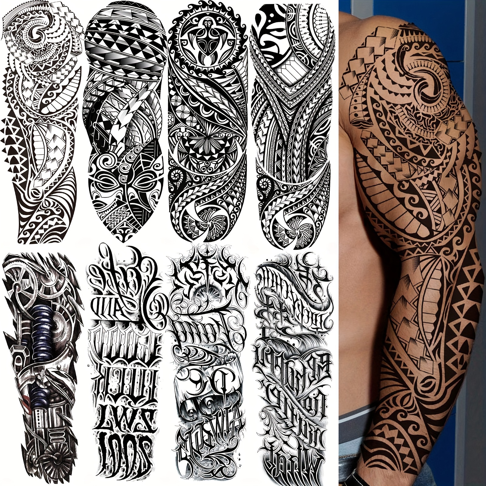 8 large long     full sleeve temporary tattoos for men and women adult thigh tattoos durable realistic mechanical arm   tattoo stickers waterproof body art decals