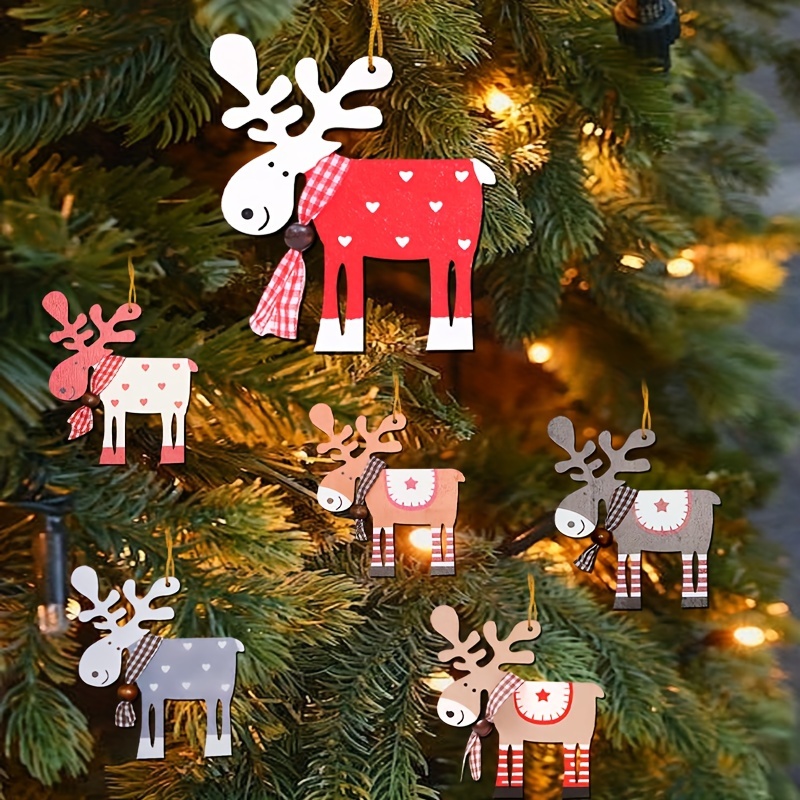 

6pcs Set Of Wooden Reindeer Ornaments For Christmas Tree - Holiday Decorations, No Power Needed, Reindeer Christmas Decor