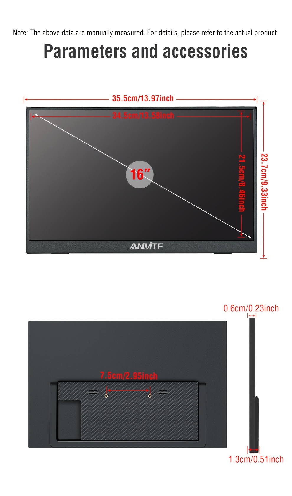 Monitor Portátil Anmite de 16 Pulgadas con Luz Azul Baja, 350 Nits, HDR 1200P, Relación 16:10, Ideal para Xbox/Ps5/Switch/Teléfonos Móviles/Computadoras/Laptops para Expansión