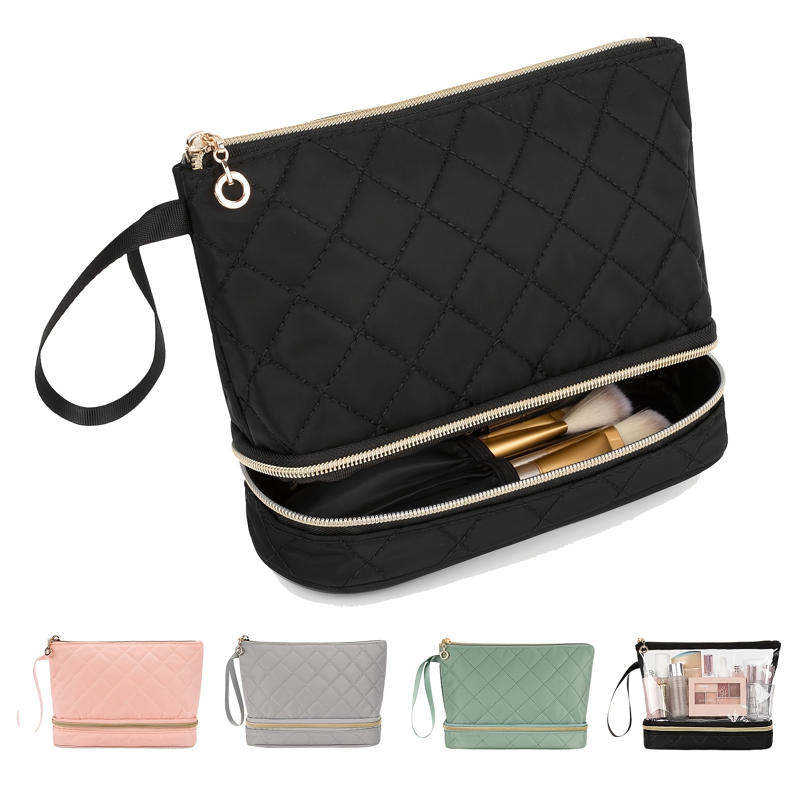

Double Layer Cotton Makeup Bag For Women - Portable Cosmetic Organizer With Brush Holder, Unscented, Non-waterproof - Ideal For Purse And Travel