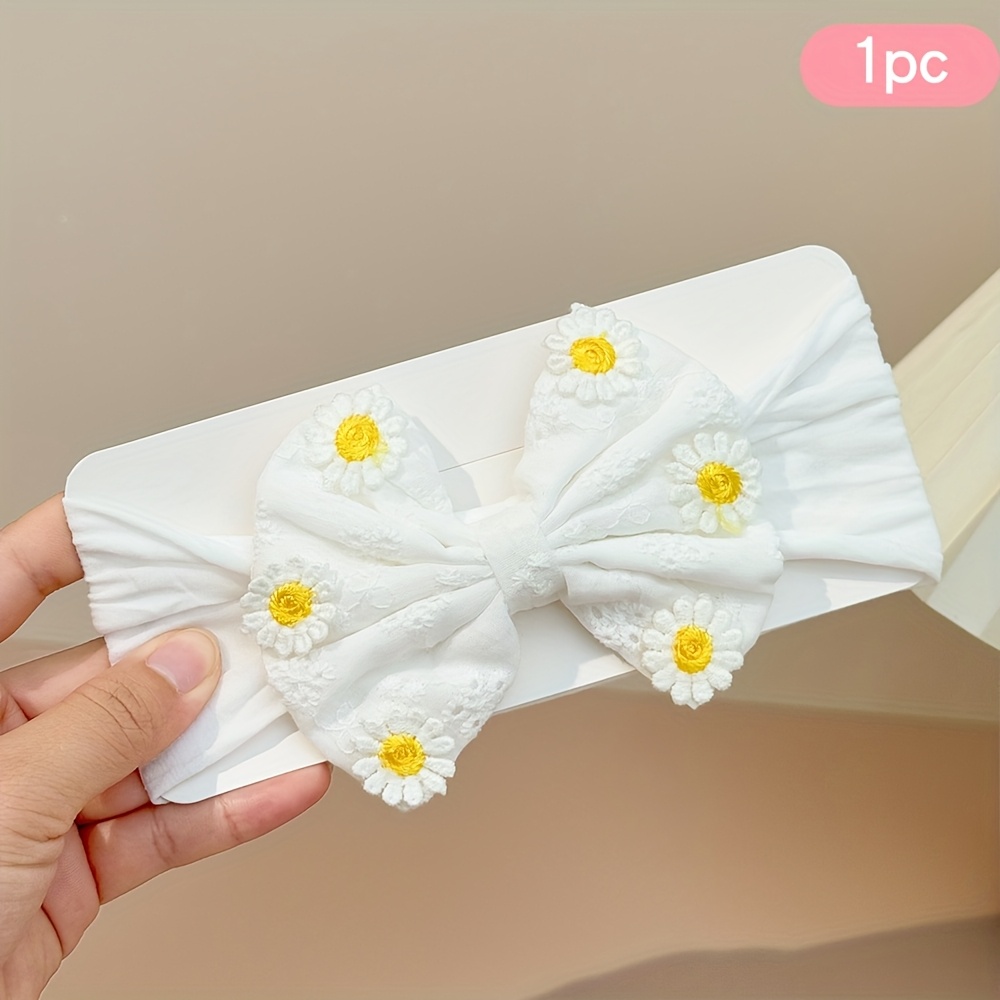 1pc 1pcs Wide Elastic Flower Headband Suitable For Girls - Embroidered Daisy Bow Hair Accessory, Wide For Braids, Ponytails, Prom, Weddings, Parties, - Comfortable For Sizes