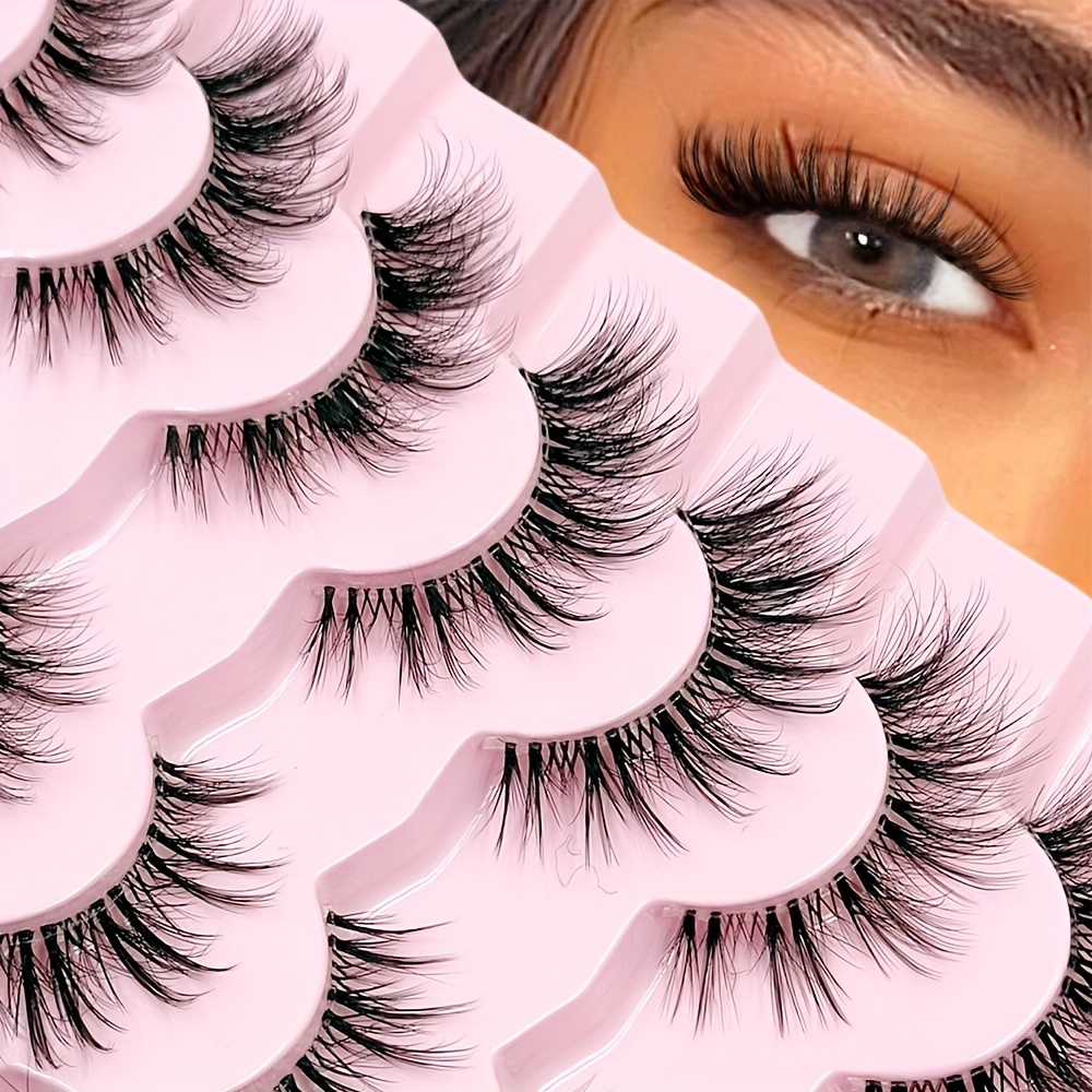 

7 Pairs Cat Eye Fluffy Faux Mink Eyelashes - Natural Look C Reusable False Lashes Set, 13-15mm Wispy Extensions With Transparent Band For Daily Wear