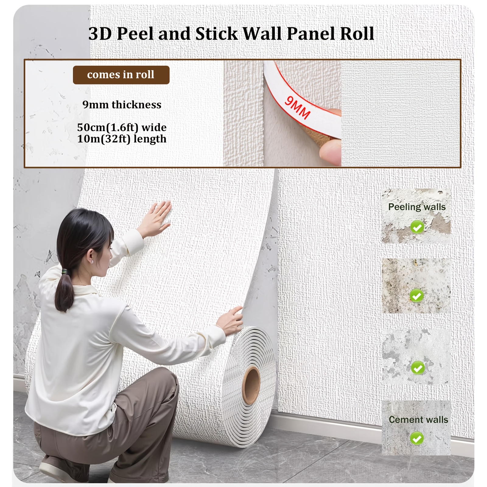 Image of 3d Wall Panels For Interior Wall Decor Peel And Stick 0.5*10m Soundproof 9mm Foam Wall-stickers Thermal Insulation Wallpaper For Livingroom Bedroom Kitchen