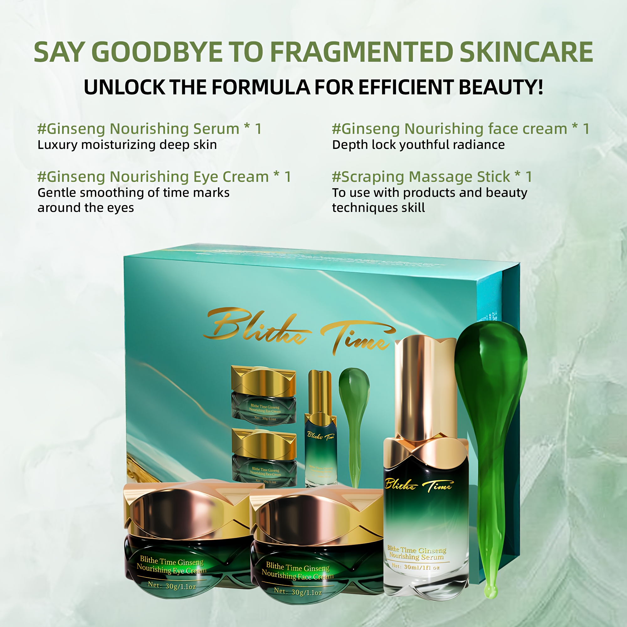 Blithe Time GINSENG HRANJIVI SET OD 4 KOMADA, SADRŽI KREMU ZA LICE, KREMU ZA OČI, ULJE ZA LICE, ŠTAPIĆ ZA MASAŽU LICA, SADRŽI EKSTRAKT KORENJA GINSENGA I DRUGE BILJNE EKSTRAKTE, ZATEŽUJE SVJETLO BEŽ TON, SET ZA NJEGU KOŽE ZA ŽENE, ČINI SVJETLO BEŽ TON MLAĐIM