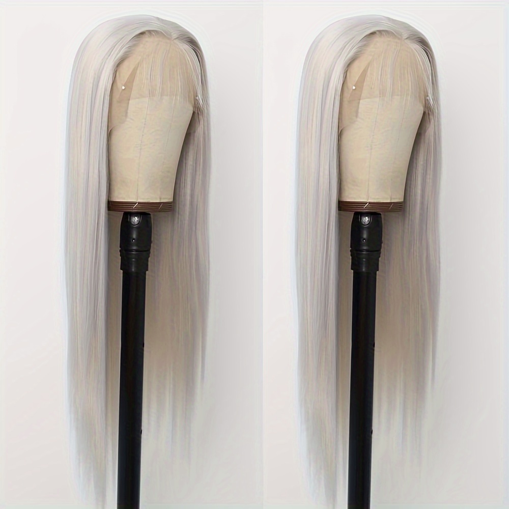TEMU Long Grey Straight Lace Front Wig For Glueless Wigs 180% Density Synthetic Wig Heat Resistant Fiber Hair For Daily Party 26 Inch