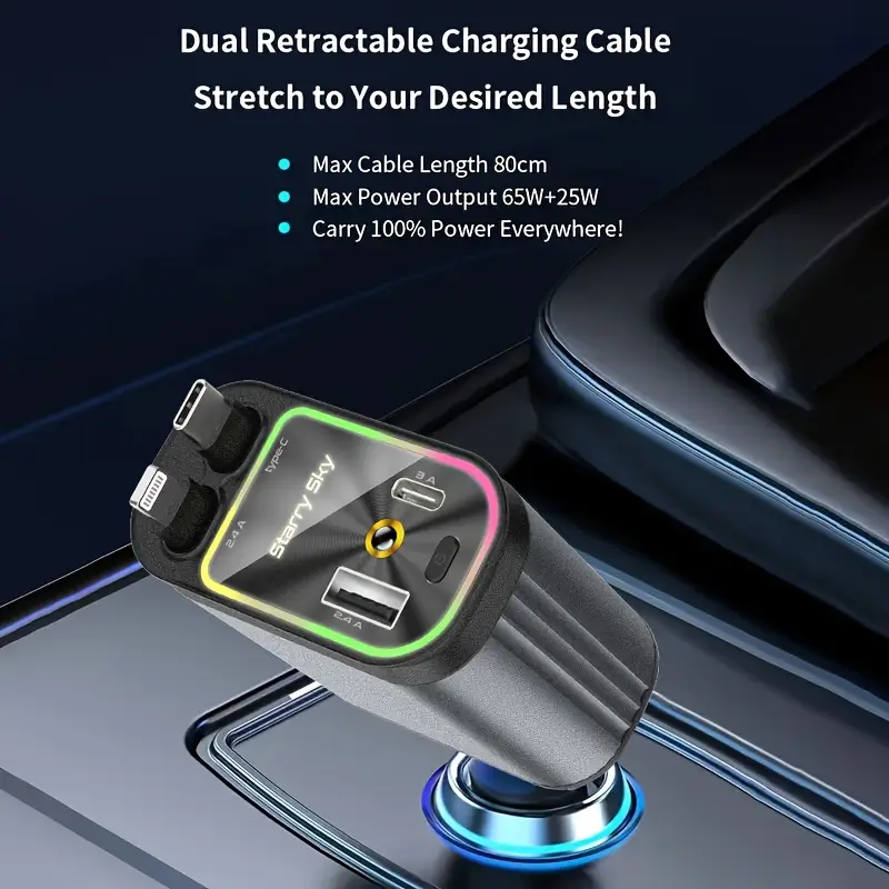retractable car charger with star projector and flame atmosphere light, fast car phone charger .25cm retractable cable and usb-c port, car charger adapter Product details 6