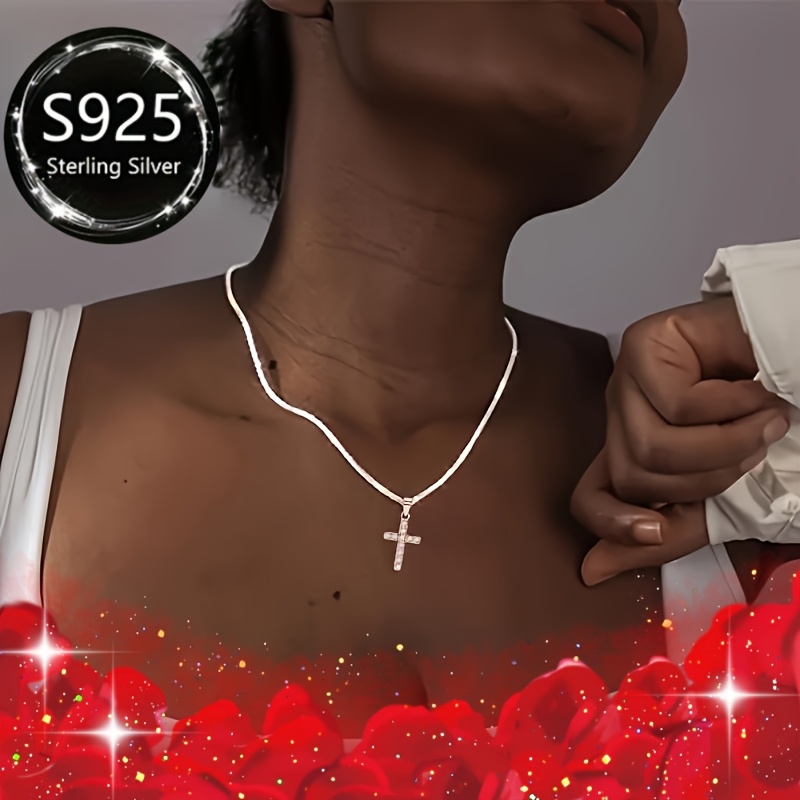 3pcs 925 Sterling Silver Cross Necklace & Sparkling Bracelet Set