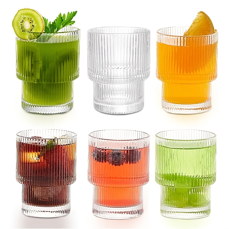 Image of 400ml/210ml Ribbed Glass Cup, A Set Of 6 Ribbed Drinking Glass Cups, Stackable Ripple Glass Cups, Retro Origami Style Glass Cups, Cocktail Water Cups, Whiskey, Tea, Soda, Coffee