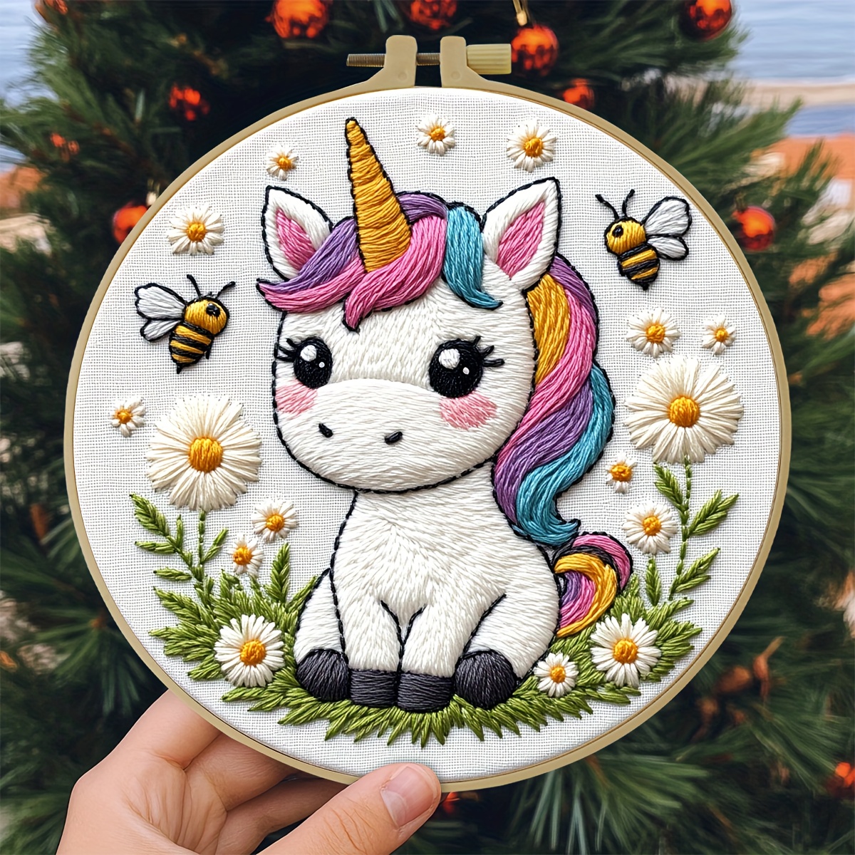 Image of Unicorn Knitting Beginner's Embroidery Kit, 20x20cm/7.9x7.9 Inches, Includes Relaxing Hand Tools, Fabric, Instructions, A Frame, And Needle And Thread. A Gift For Or Family