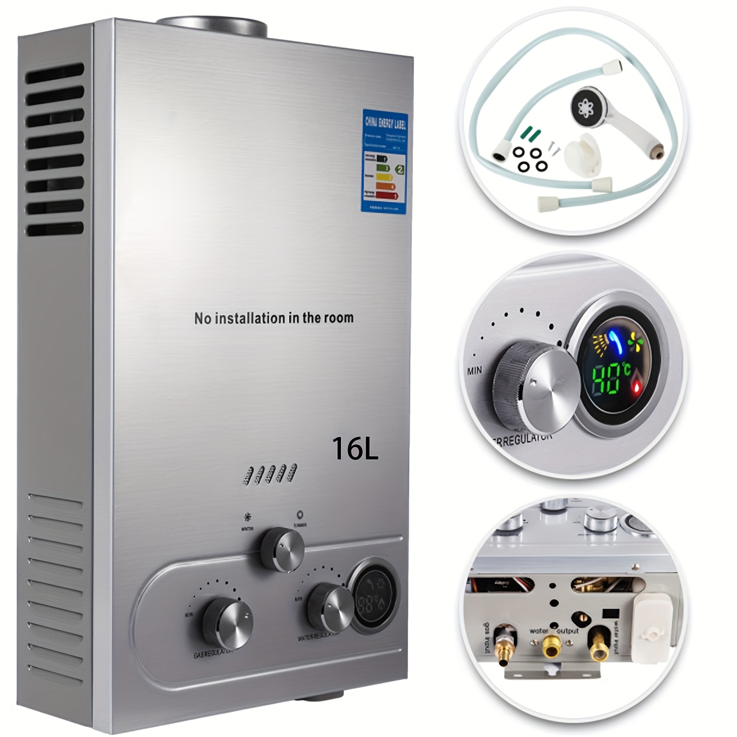 TEMU 16l Instant Tankless Gas Water Heater | Wall-mounted, 304 Stainless Steel, Lcd Display, Low Water Pressure , Energy Saving