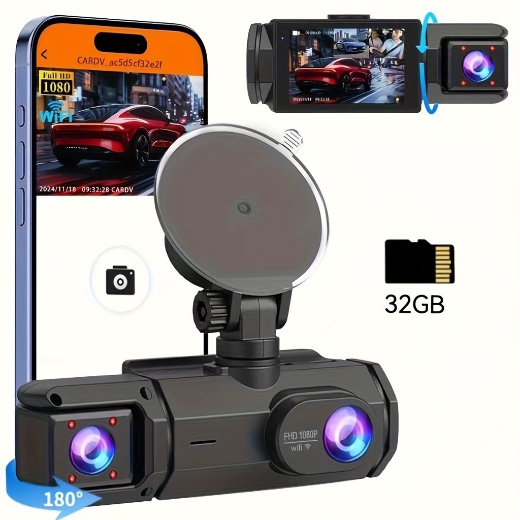 

1080p Hd Wifi Dash Cam Front And Rear Lenses, Night Vision, Loop Recording, G-sensor, Motion Detection - Usb Rechargeable