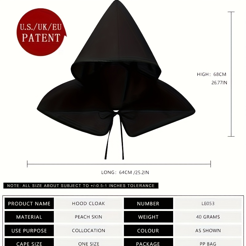 Black Polyester Hooded Cape, Suitable for Festive Outfits, Masquerade Balls, Everyday Sun Protection, and More
