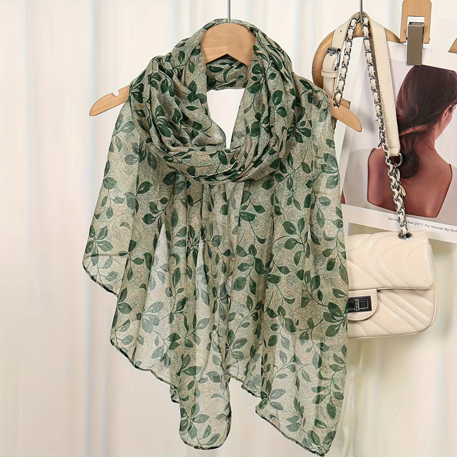 TEMU Pañuelo Largo de Moda Bali Chiffon Estampado de Hojas Chal Étnico Otoño Invierno Fabricante Pañuelo Vintage Literario Delgado Largo Cuello