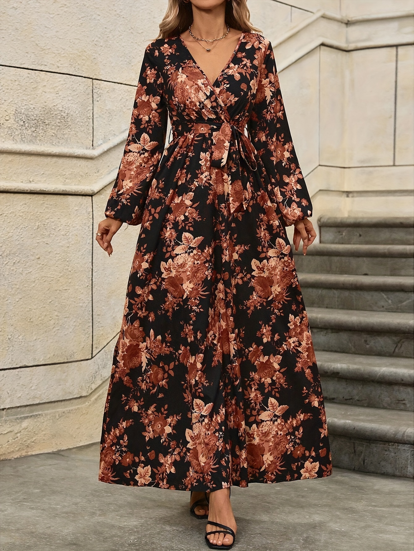 maxi floral dress long sleeve Blue Floral Long Sleeve High Neck Ruffle Maxi Dress