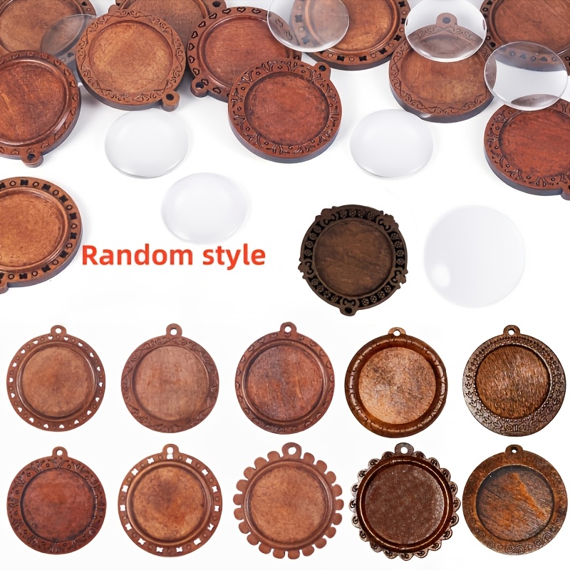 Image of 24pcs Round Wooden Decoration Pendant Tray Wooden Blank Tray Bottom Glass For Handicrafts Jewelry Making (product Wooden Decoration Pendant Pattern Style Random)