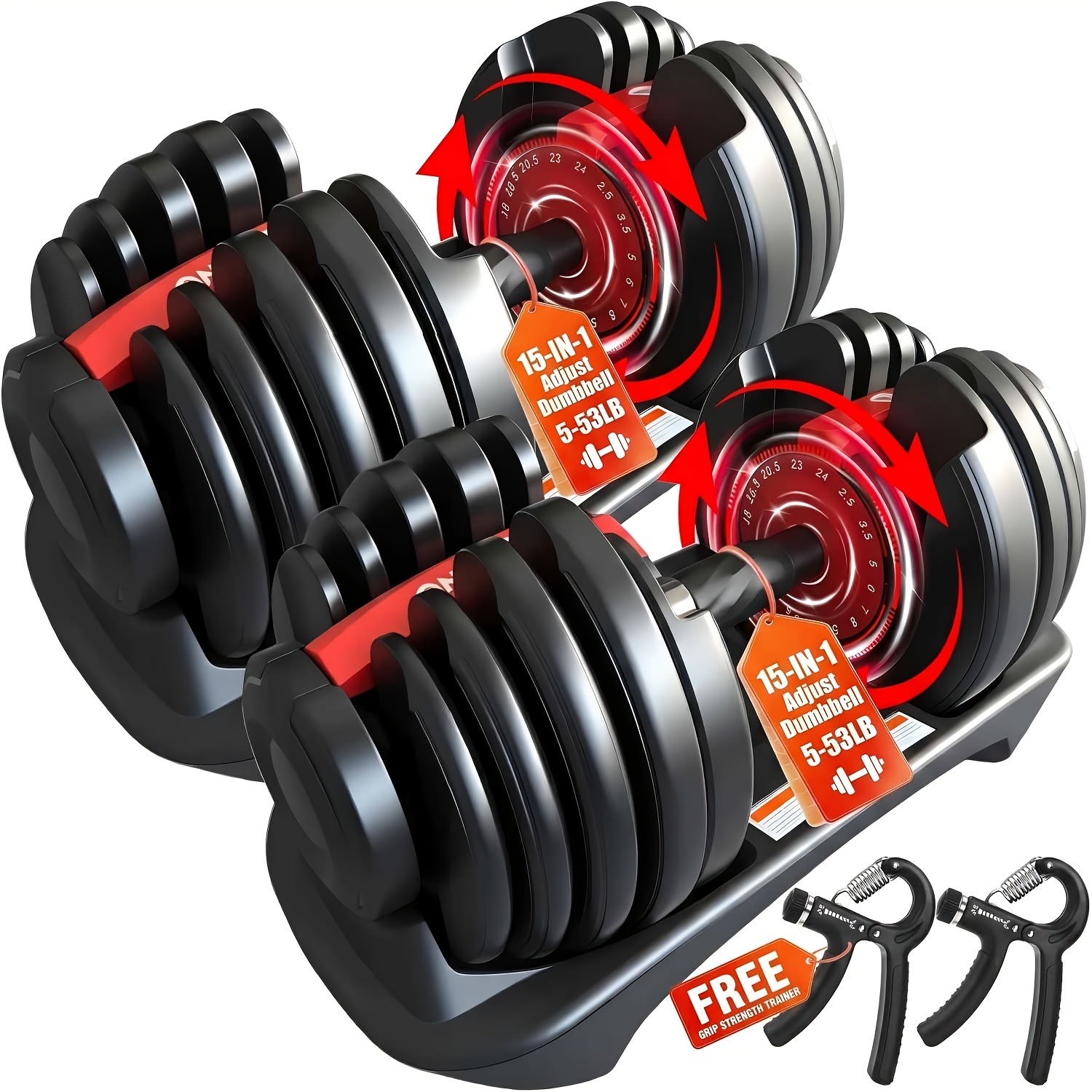 Image of Hakeno Adjustable Dumbbell 15 Weight In 1 With Fast Automatic Adjustable And Weight Plate For Body Workout Home Gym Dumbbell( + Hand Gripper)