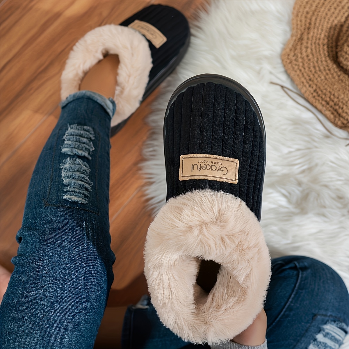 TEMU Women' Winter Warm Thickened Cold-proof Indoor Slippers With Thick Sole & Soft Sole Wrap-around Heel - -bottomed Shoes Suitable For Home,, Hand