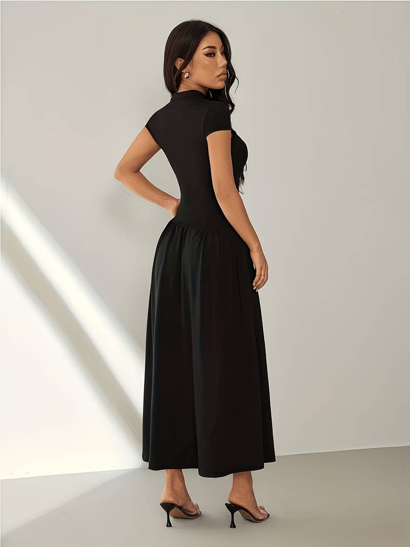 Women's Solid Color Stand Collar Puff Sleeve Pleated Long Casual Dress, Summer Dress