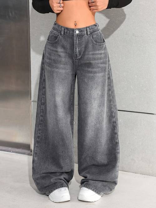 jeans holgados de pierna ancha y cintura , retro y2k de moda para adolescentes, con bolsillo inclinado y , ideales para uso , para adolescentes